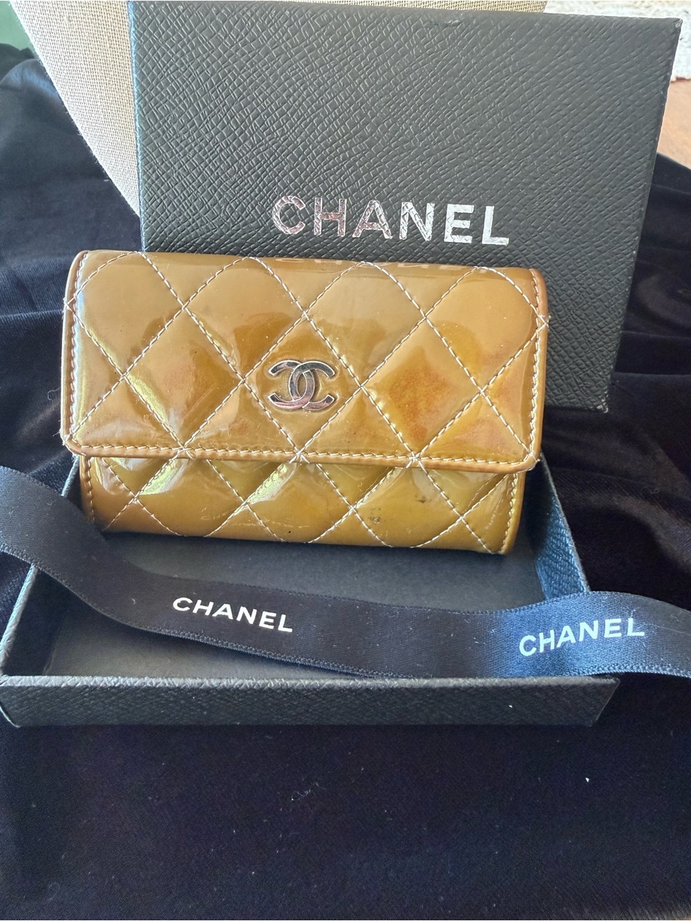 Chanel Quilted Patent Leather Compact Credit Card 💳 Wallet - Caramel Color